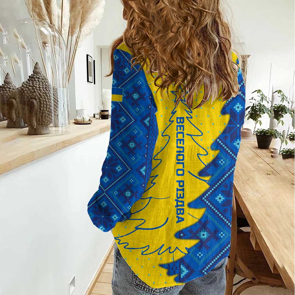 Ukraine Christmas Women Casual Shirt with Yellow and Blue Tree Design and Traditional Embroidery - Wonder Print Shop