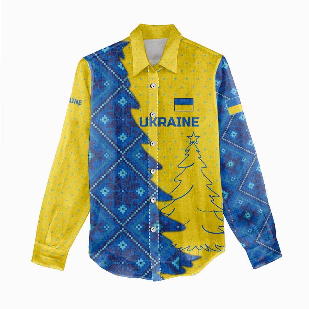 Ukraine Christmas Women Casual Shirt with Yellow and Blue Tree Design and Traditional Embroidery - Wonder Print Shop