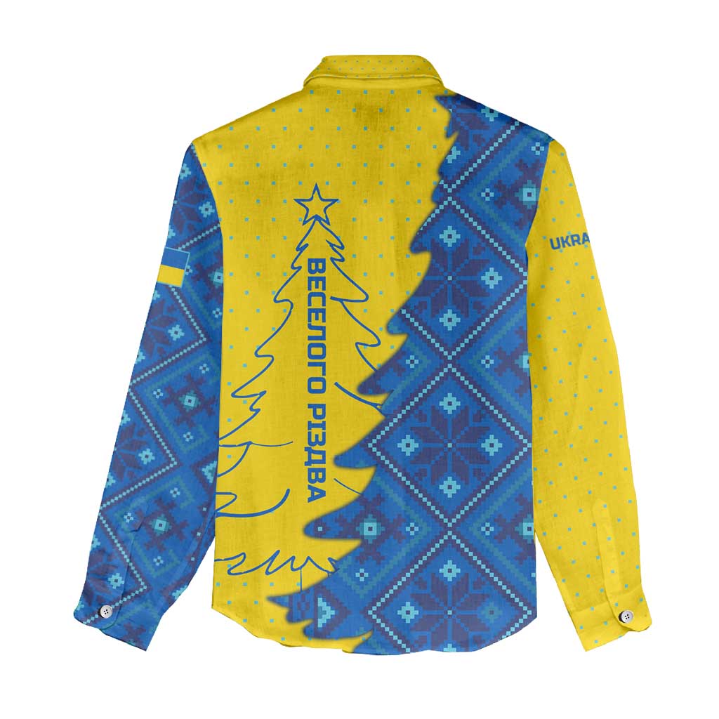 Ukraine Christmas Women Casual Shirt with Yellow and Blue Tree Design and Traditional Embroidery - Wonder Print Shop