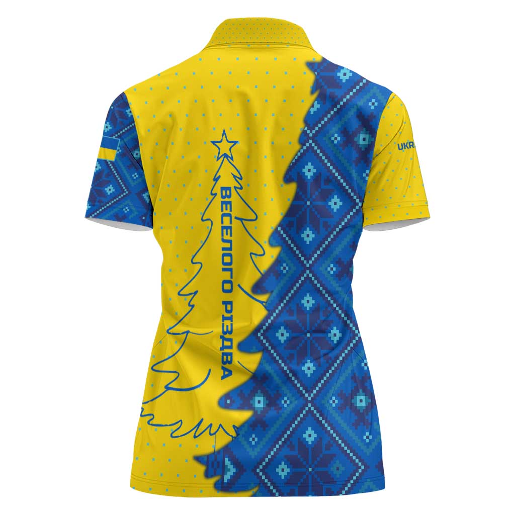 Ukraine Christmas Women Polo Shirt with Yellow and Blue Tree Design and Traditional Embroidery - Wonder Print Shop