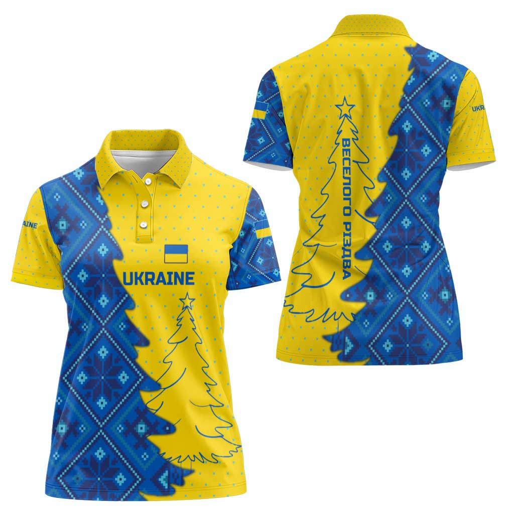 Ukraine Christmas Women Polo Shirt with Yellow and Blue Tree Design and Traditional Embroidery - Wonder Print Shop