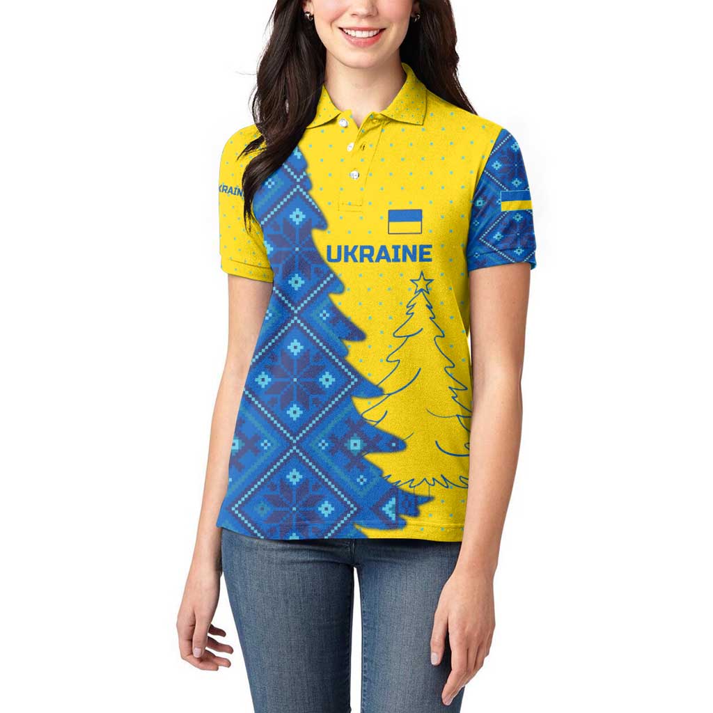 Ukraine Christmas Women Polo Shirt with Yellow and Blue Tree Design and Traditional Embroidery - Wonder Print Shop