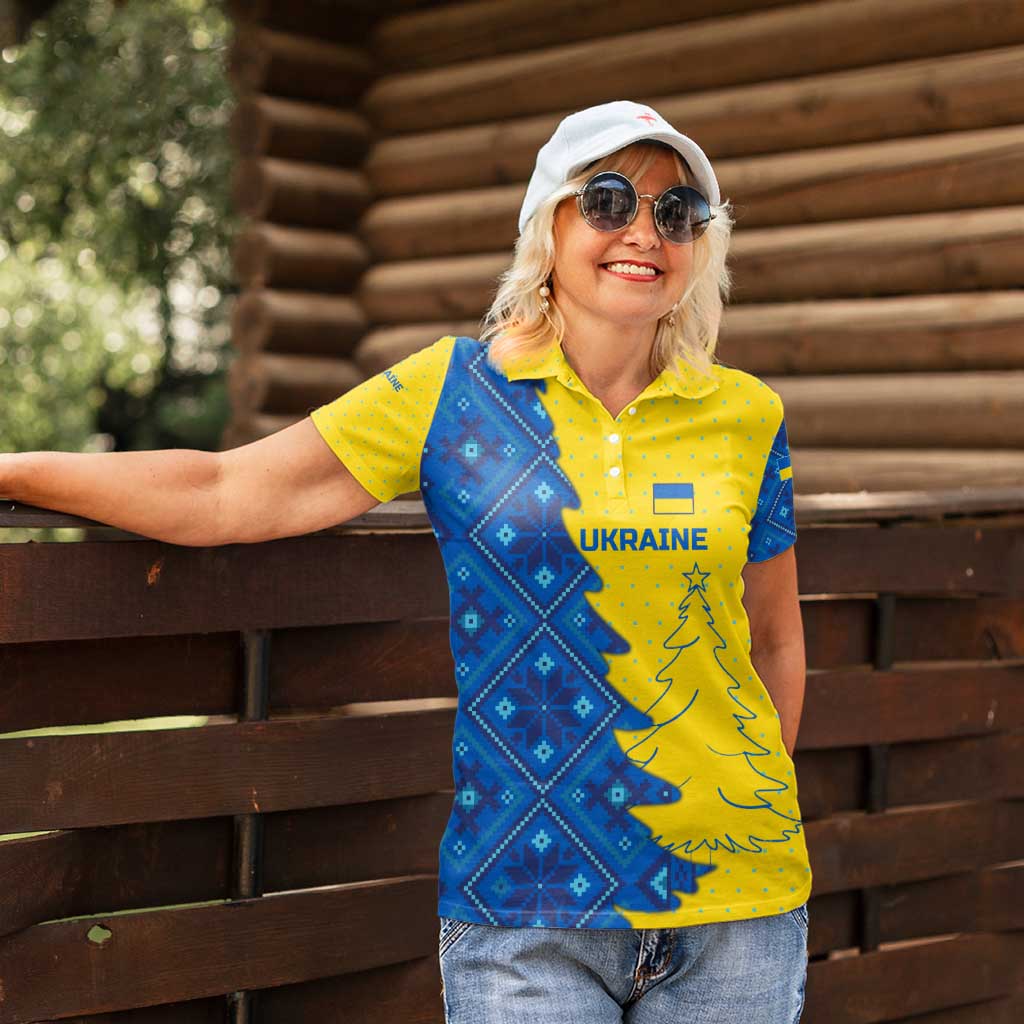 Ukraine Christmas Women Polo Shirt with Yellow and Blue Tree Design and Traditional Embroidery - Wonder Print Shop