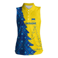 Ukraine Christmas Women Sleeveless Polo Shirt with Yellow and Blue Tree Design and Traditional Embroidery - Wonder Print Shop