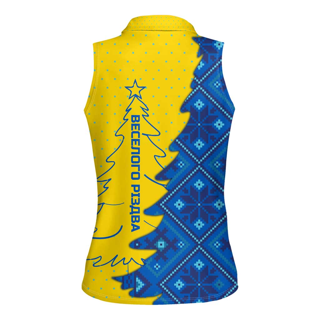 Ukraine Christmas Women Sleeveless Polo Shirt with Yellow and Blue Tree Design and Traditional Embroidery - Wonder Print Shop