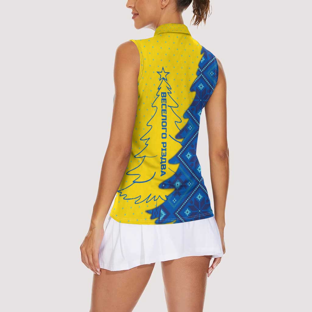 Ukraine Christmas Women Sleeveless Polo Shirt with Yellow and Blue Tree Design and Traditional Embroidery - Wonder Print Shop
