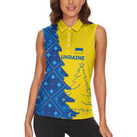 Ukraine Christmas Women Sleeveless Polo Shirt with Yellow and Blue Tree Design and Traditional Embroidery - Wonder Print Shop