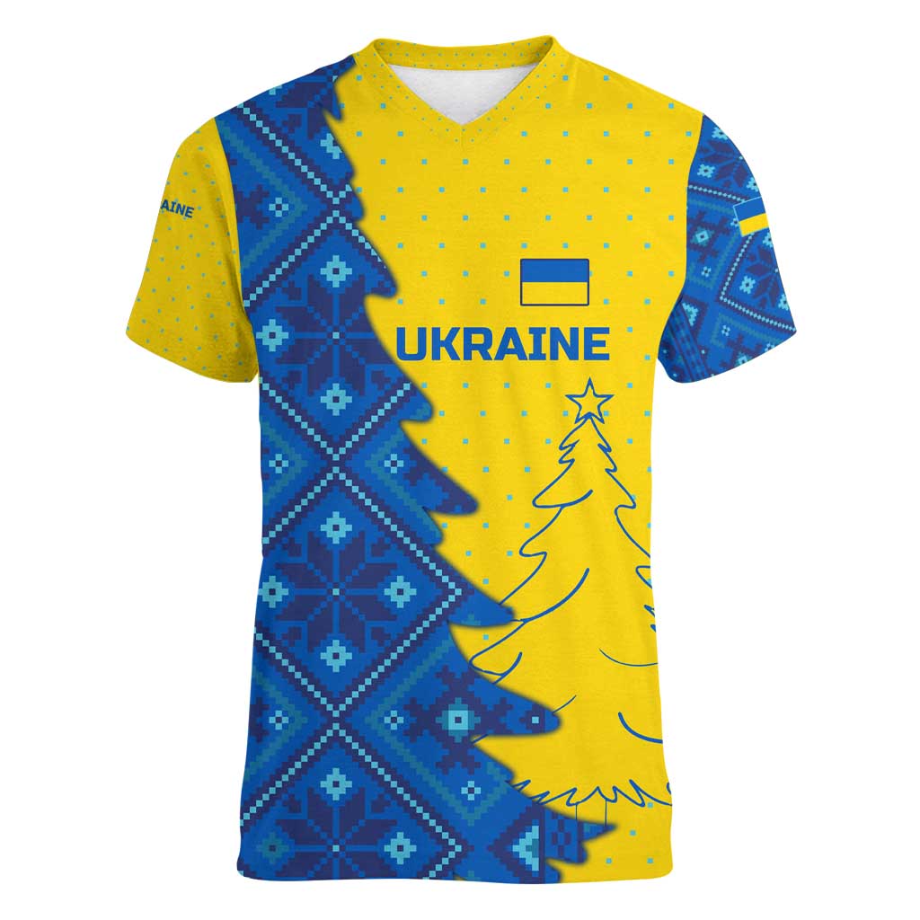 Ukraine Christmas Women V-Neck T-Shirt with Yellow and Blue Tree Design and Traditional Embroidery - Wonder Print Shop