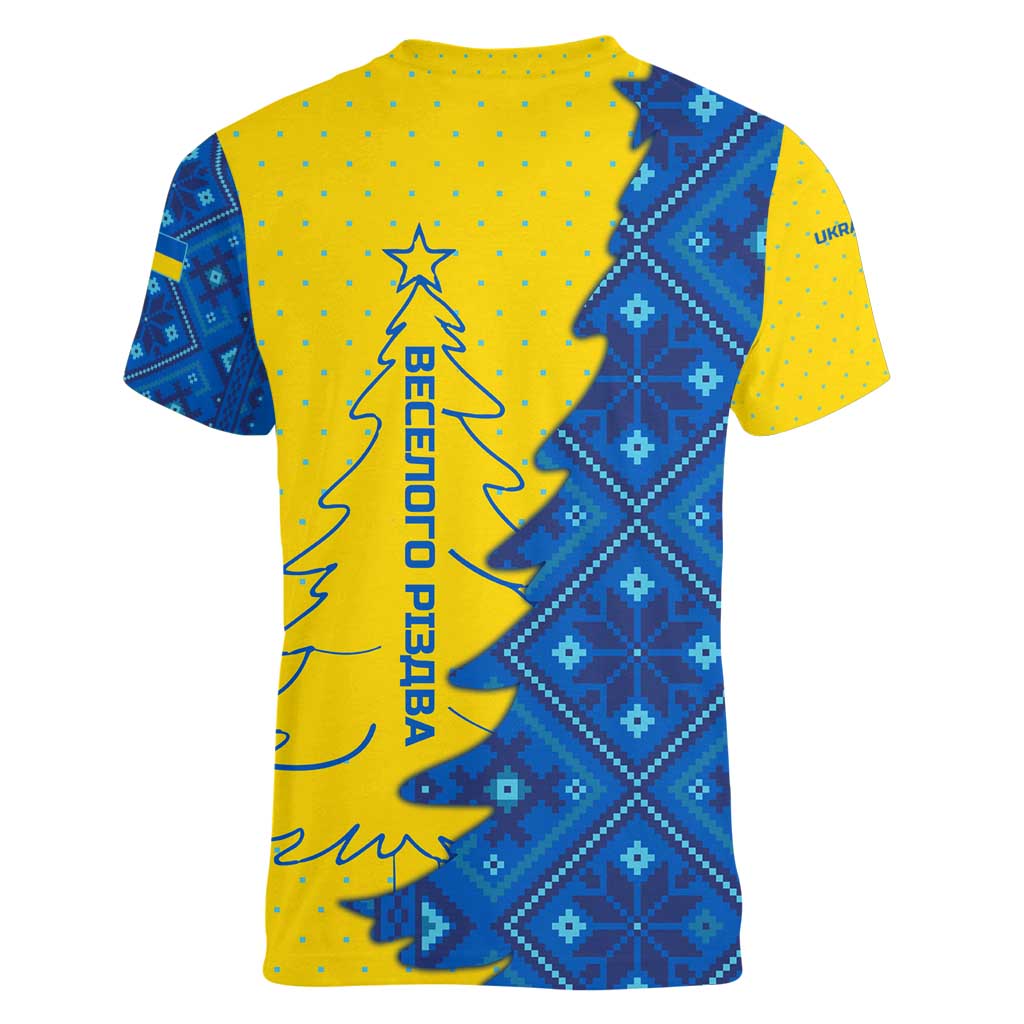 Ukraine Christmas Women V-Neck T-Shirt with Yellow and Blue Tree Design and Traditional Embroidery - Wonder Print Shop