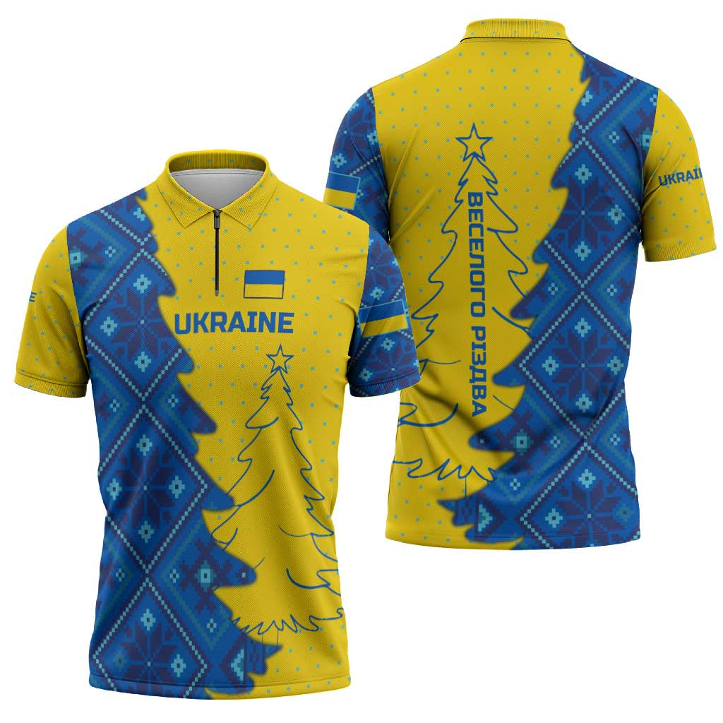 Ukraine Christmas Zipper Polo Shirt with Yellow and Blue Tree Design and Traditional Embroidery - Wonder Print Shop