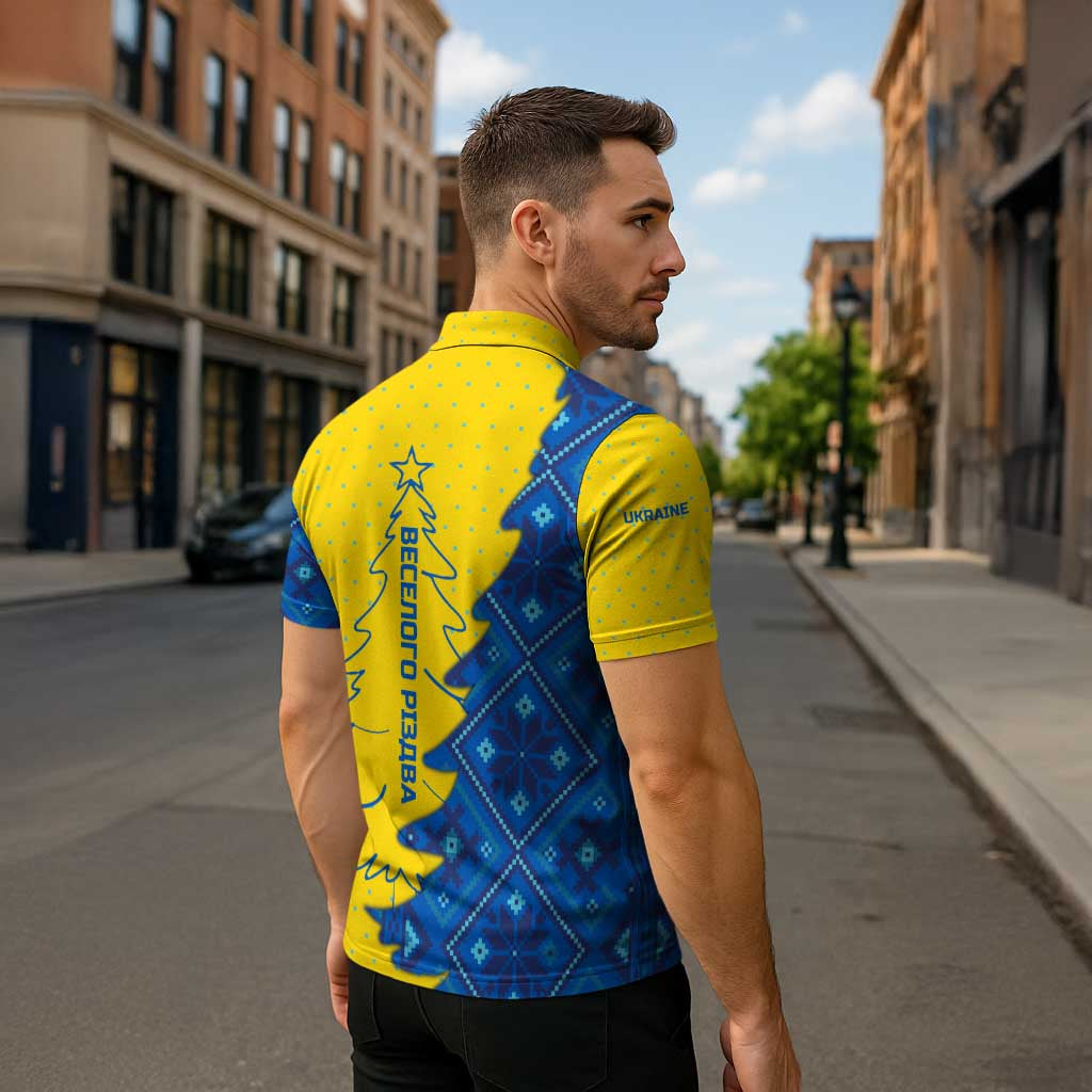 Ukraine Christmas Zipper Polo Shirt with Yellow and Blue Tree Design and Traditional Embroidery - Wonder Print Shop