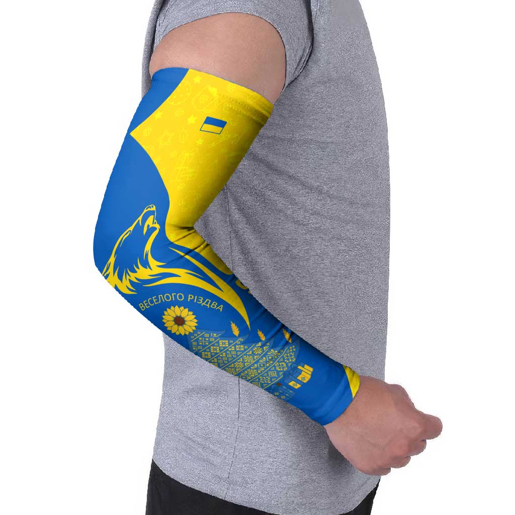 Ukraine Christmas Arm Sleeves with Howling Wolf Sunflower Tree and Traditional Ornament Design - Wonder Print Shop