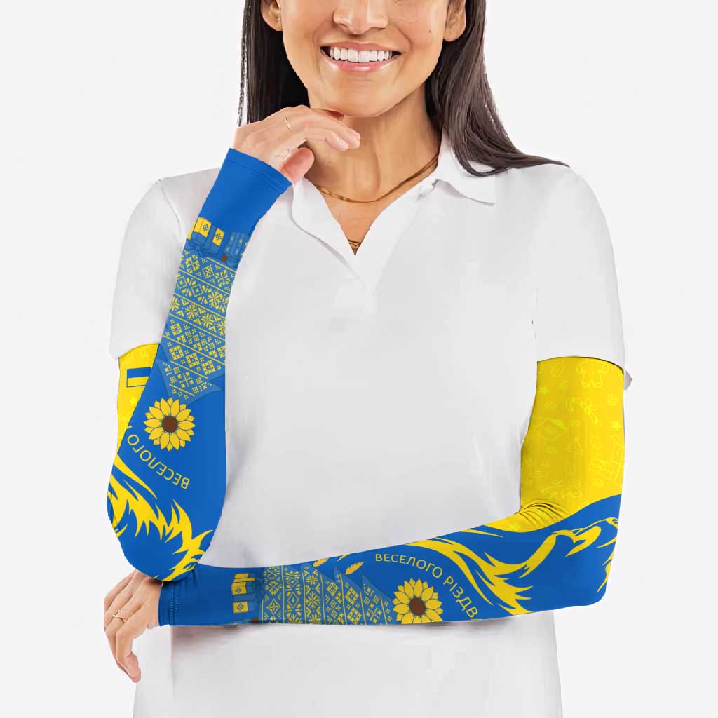 Ukraine Christmas Arm Sleeves with Howling Wolf Sunflower Tree and Traditional Ornament Design - Wonder Print Shop