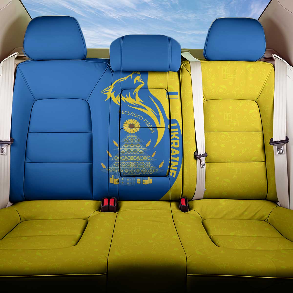 Ukraine Christmas Back Car Seat Cover with Howling Wolf Sunflower Tree and Traditional Ornament Design - Wonder Print Shop