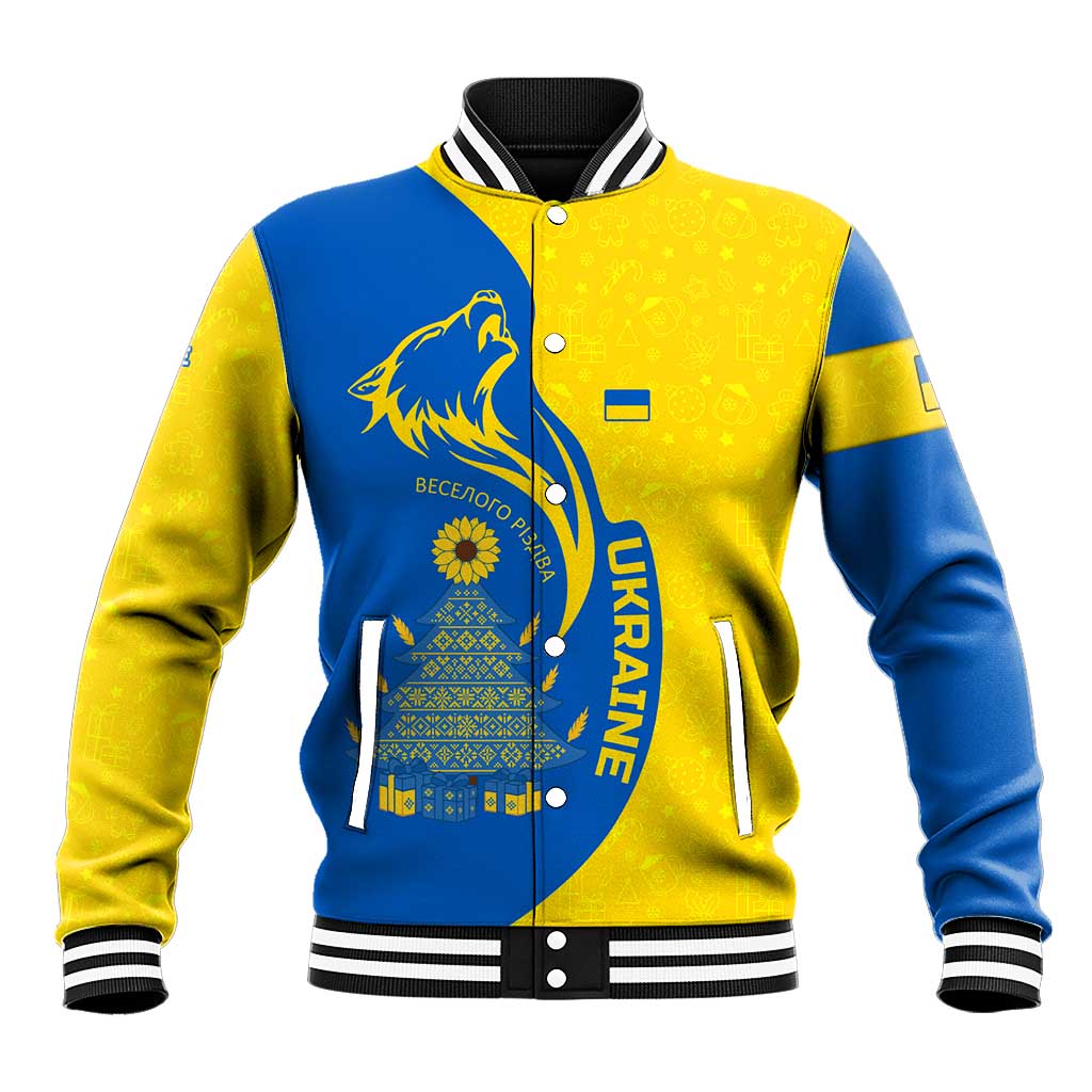 Ukraine Christmas Baseball Jacket with Howling Wolf Sunflower Tree and Traditional Ornament Design - Wonder Print Shop