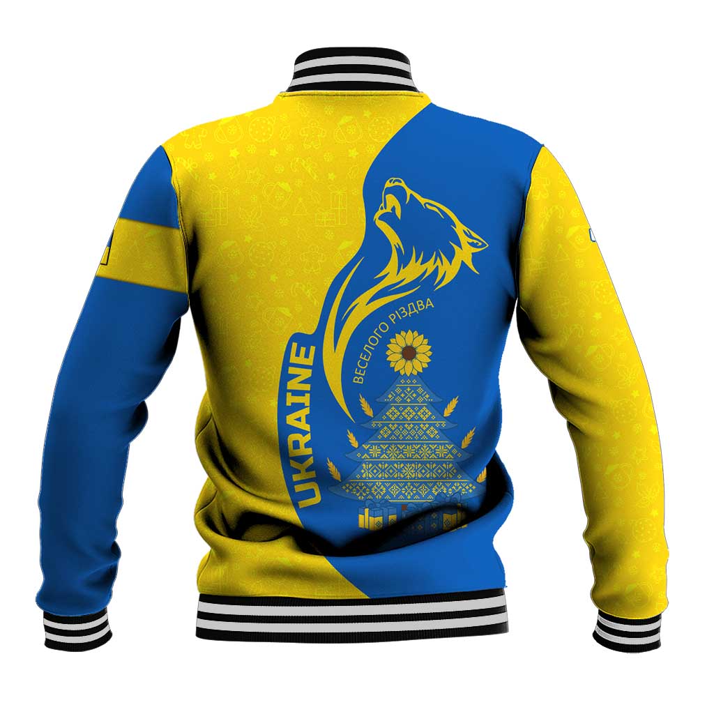 Ukraine Christmas Baseball Jacket with Howling Wolf Sunflower Tree and Traditional Ornament Design - Wonder Print Shop