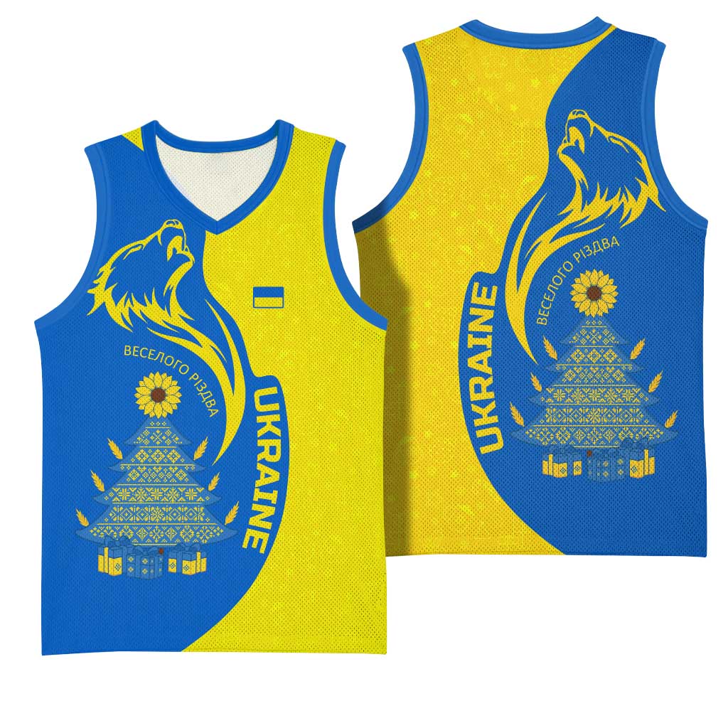 Ukraine Christmas Basketball Jersey with Howling Wolf Sunflower Tree and Traditional Ornament Design - Wonder Print Shop