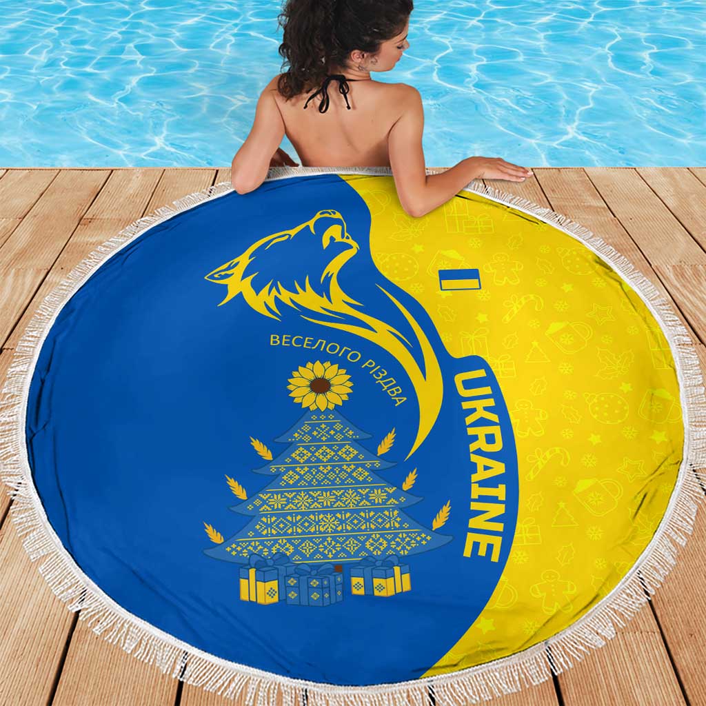 Ukraine Christmas Beach Blanket with Howling Wolf Sunflower Tree and Traditional Ornament Design - Wonder Print Shop
