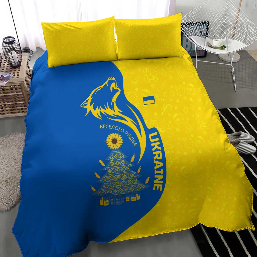 Ukraine Christmas Bedding Set with Howling Wolf Sunflower Tree and Traditional Ornament Design - Wonder Print Shop