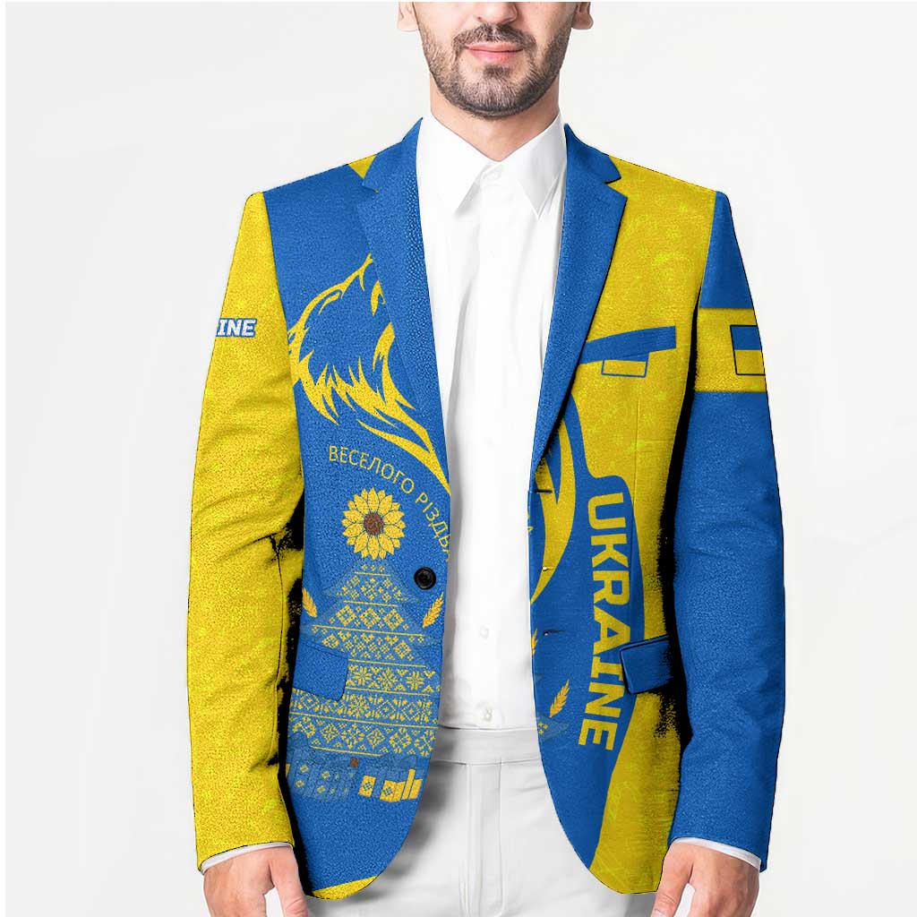 Ukraine Christmas Blazer with Howling Wolf Sunflower Tree and Traditional Ornament Design - Wonder Print Shop
