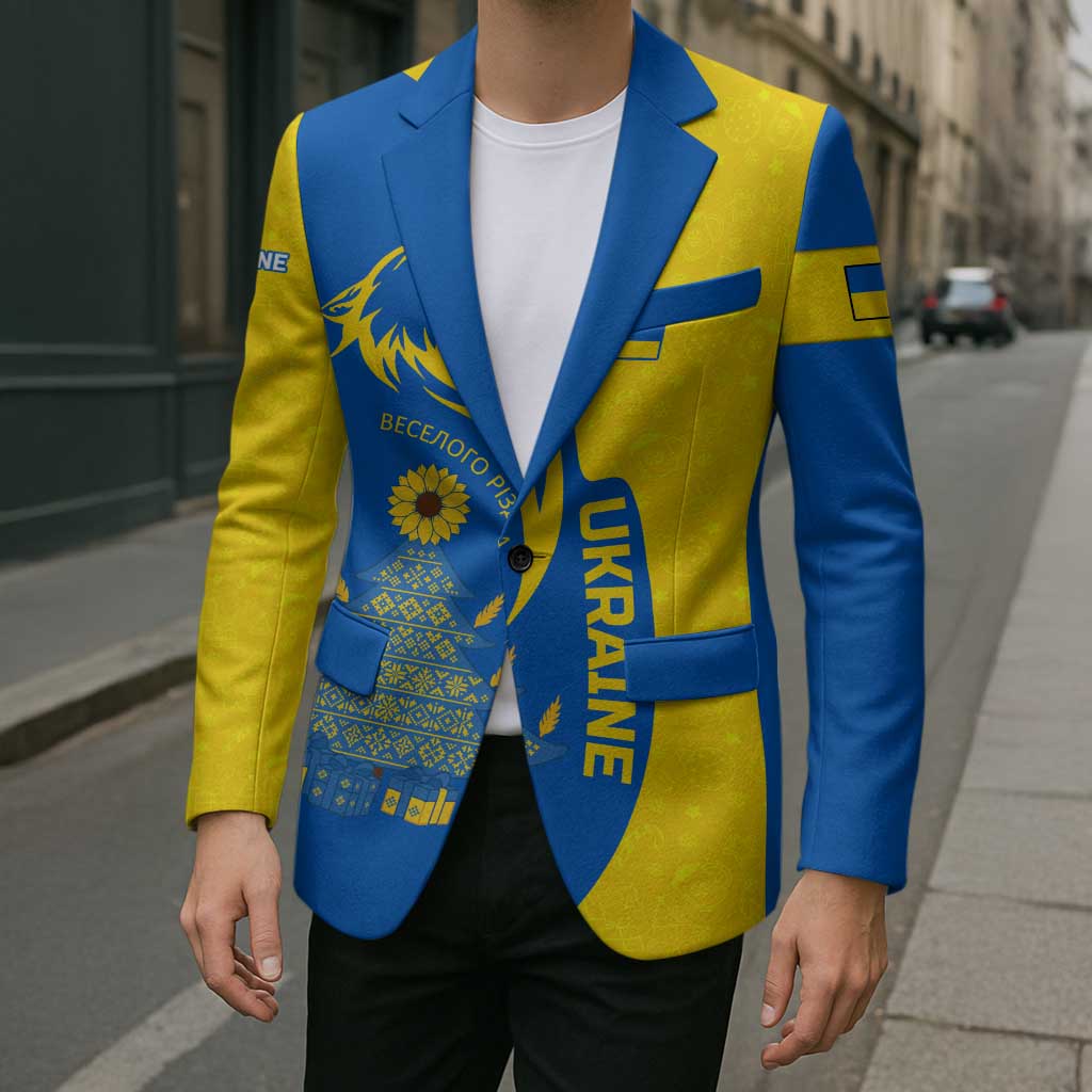 Ukraine Christmas Blazer with Howling Wolf Sunflower Tree and Traditional Ornament Design - Wonder Print Shop