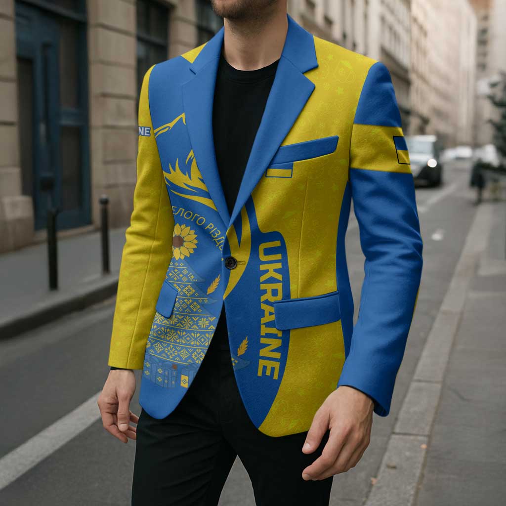 Ukraine Christmas Blazer with Howling Wolf Sunflower Tree and Traditional Ornament Design - Wonder Print Shop