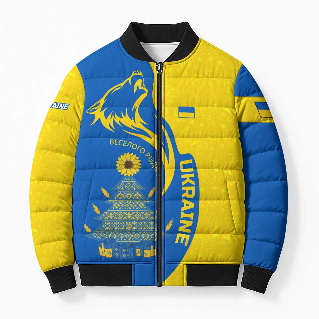 Ukraine Christmas Bomber Puffer Jacket with Howling Wolf Sunflower Tree and Traditional Ornament Design - Wonder Print Shop