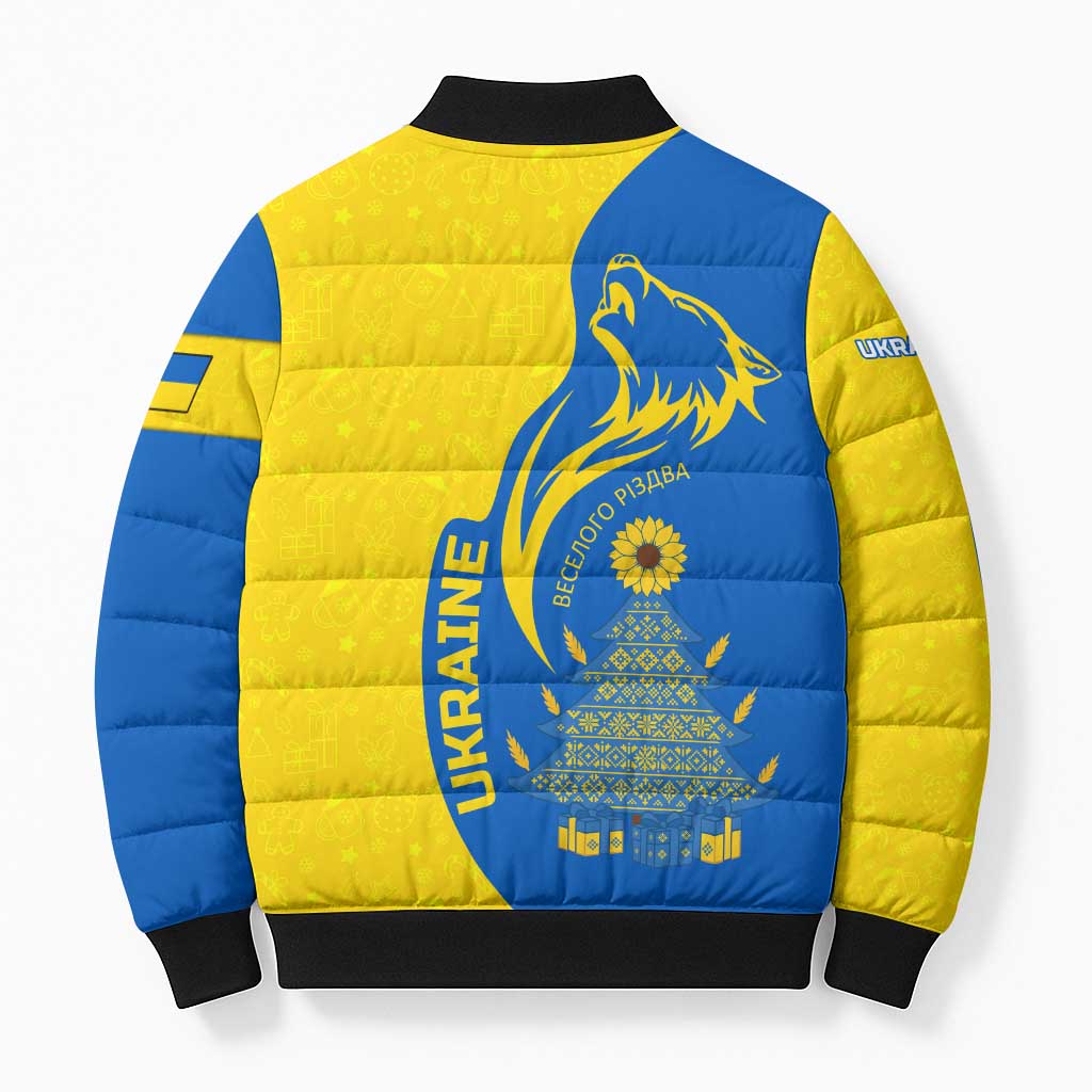 Ukraine Christmas Bomber Puffer Jacket with Howling Wolf Sunflower Tree and Traditional Ornament Design - Wonder Print Shop
