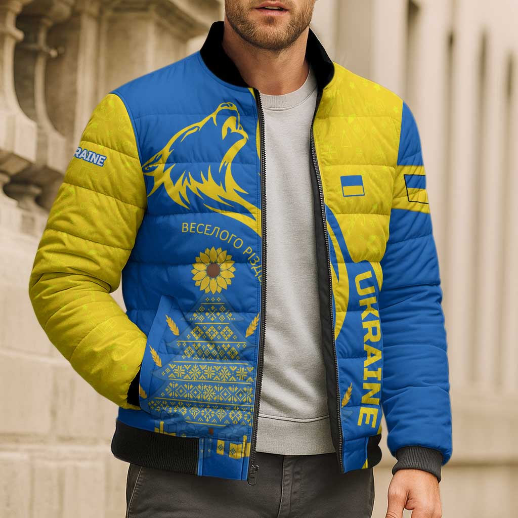 Ukraine Christmas Bomber Puffer Jacket with Howling Wolf Sunflower Tree and Traditional Ornament Design - Wonder Print Shop