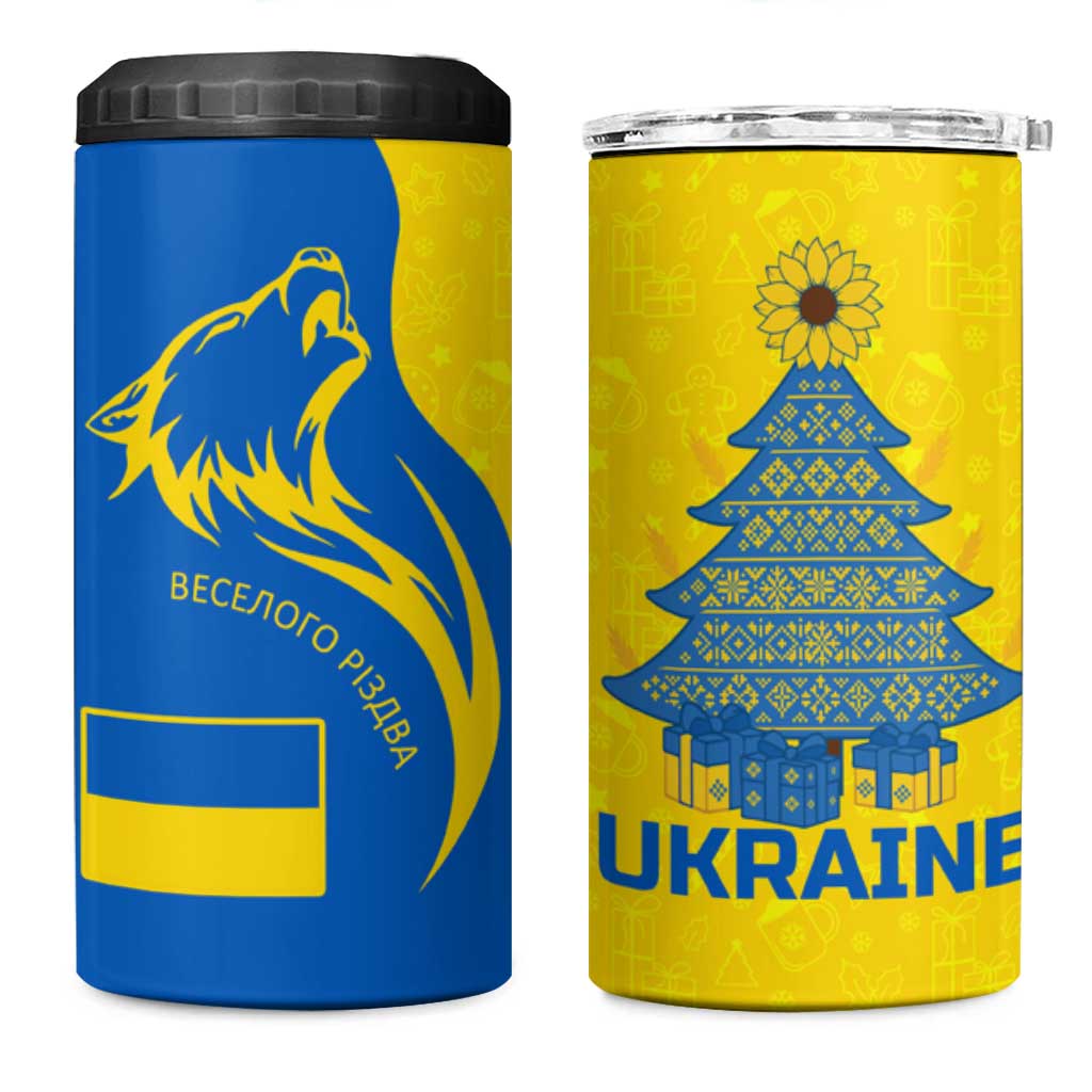 Ukraine Christmas 4 in 1 Can Cooler Tumbler with Howling Wolf Sunflower Tree and Traditional Ornament Design - Wonder Print Shop