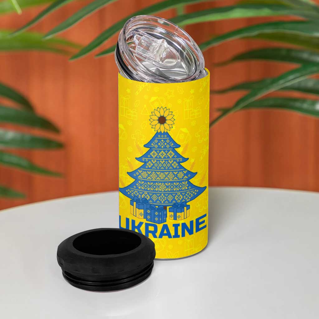 Ukraine Christmas 4 in 1 Can Cooler Tumbler with Howling Wolf Sunflower Tree and Traditional Ornament Design - Wonder Print Shop