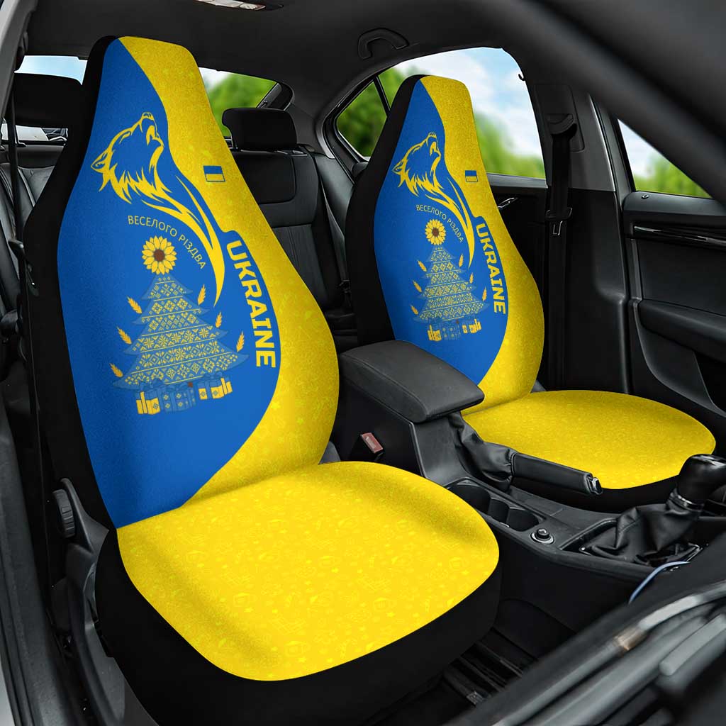 Ukraine Christmas Car Seat Cover with Howling Wolf Sunflower Tree and Traditional Ornament Design - Wonder Print Shop