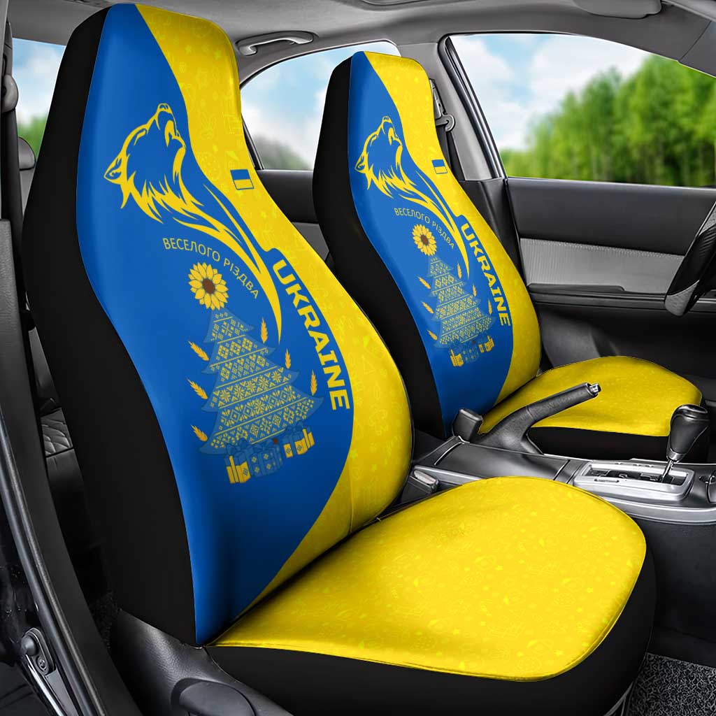 Ukraine Christmas Car Seat Cover with Howling Wolf Sunflower Tree and Traditional Ornament Design - Wonder Print Shop