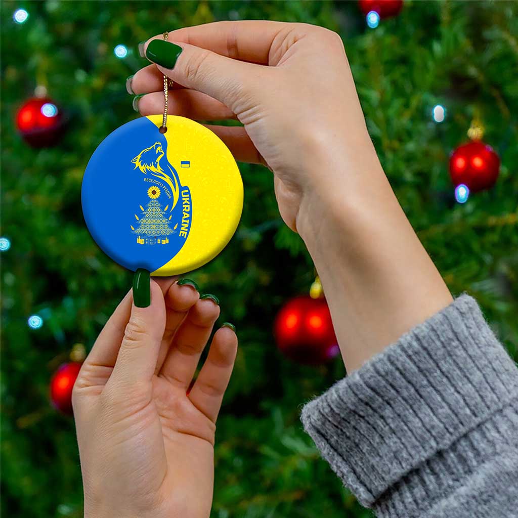 Ukraine Christmas Ceramic Ornament with Howling Wolf Sunflower Tree and Traditional Ornament Design - Wonder Print Shop