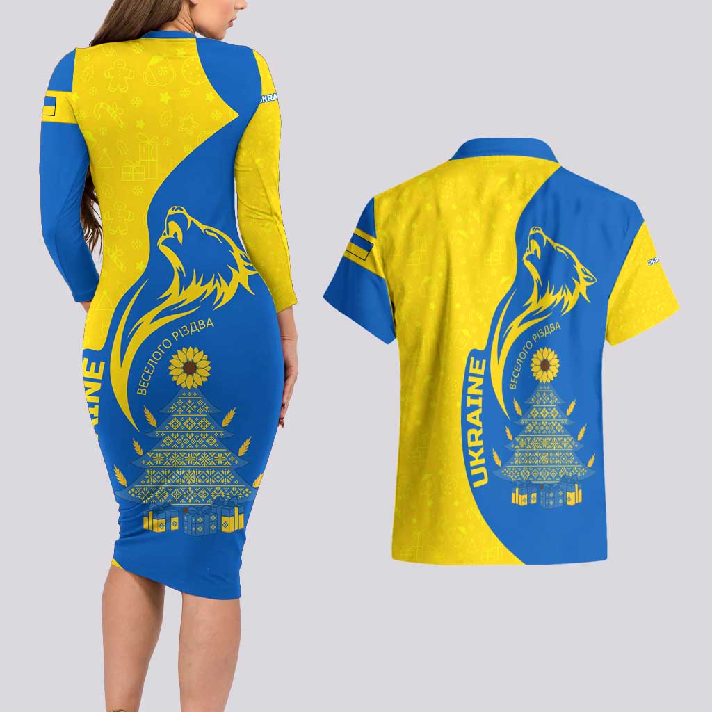 Ukraine Christmas Couples Matching Long Sleeve Bodycon Dress and Hawaiian Shirt with Howling Wolf Sunflower Tree and Traditional Ornament Design - Wonder Print Shop