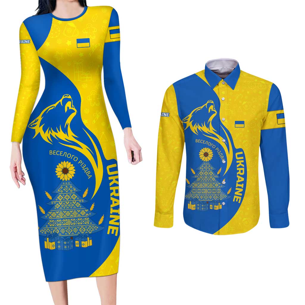 Ukraine Christmas Couples Matching Long Sleeve Bodycon Dress and Long Sleeve Button Shirt with Howling Wolf Sunflower Tree and Traditional Ornament Design - Wonder Print Shop