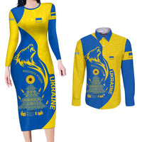Ukraine Christmas Couples Matching Long Sleeve Bodycon Dress and Long Sleeve Button Shirt with Howling Wolf Sunflower Tree and Traditional Ornament Design - Wonder Print Shop