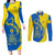 Ukraine Christmas Couples Matching Long Sleeve Bodycon Dress and Long Sleeve Button Shirt with Howling Wolf Sunflower Tree and Traditional Ornament Design - Wonder Print Shop