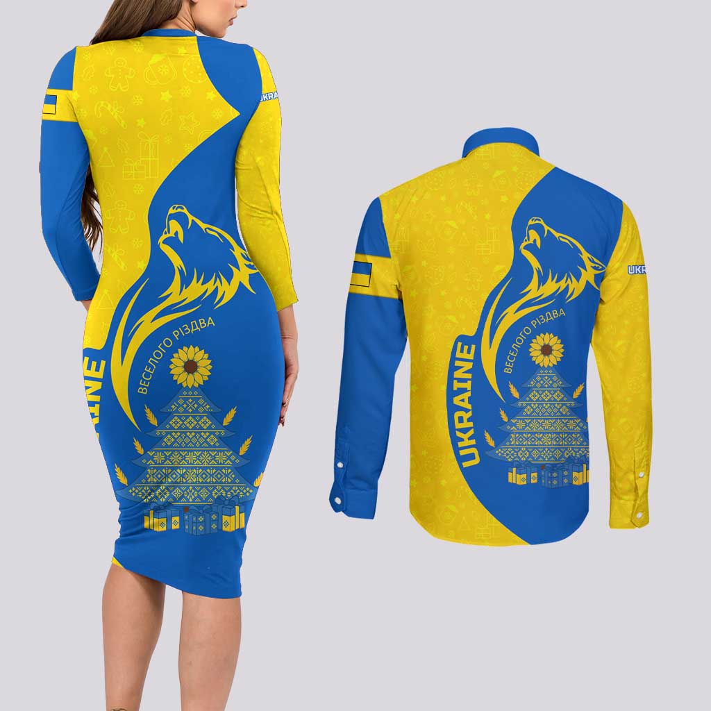 Ukraine Christmas Couples Matching Long Sleeve Bodycon Dress and Long Sleeve Button Shirt with Howling Wolf Sunflower Tree and Traditional Ornament Design - Wonder Print Shop