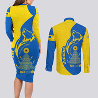 Ukraine Christmas Couples Matching Long Sleeve Bodycon Dress and Long Sleeve Button Shirt with Howling Wolf Sunflower Tree and Traditional Ornament Design - Wonder Print Shop