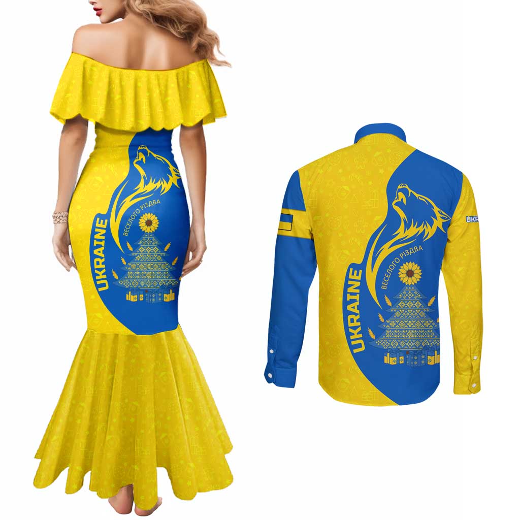 Ukraine Christmas Couples Matching Mermaid Dress and Long Sleeve Button Shirt with Howling Wolf Sunflower Tree and Traditional Ornament Design - Wonder Print Shop