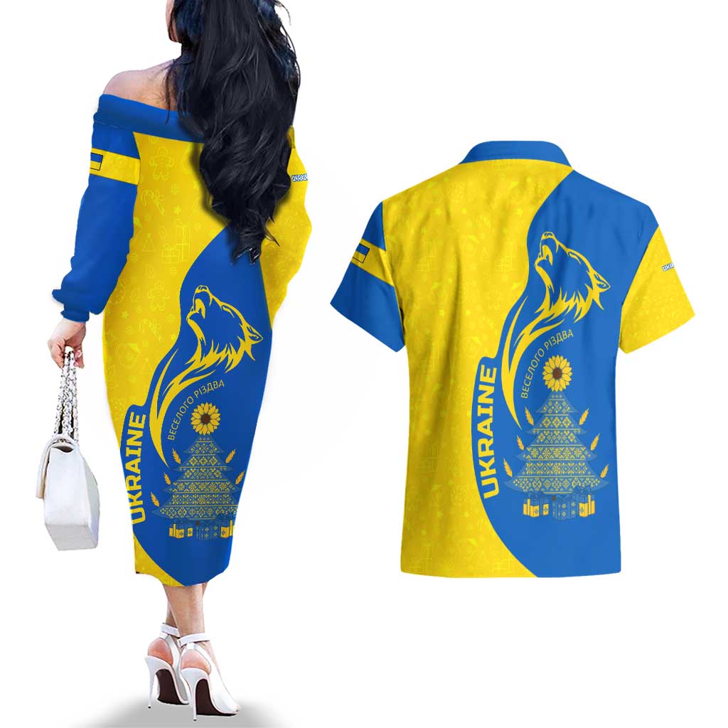 Ukraine Christmas Couples Matching Off The Shoulder Long Sleeve Dress and Hawaiian Shirt with Howling Wolf Sunflower Tree and Traditional Ornament Design - Wonder Print Shop