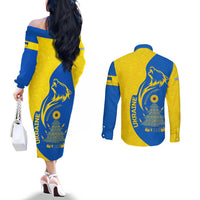 Ukraine Christmas Couples Matching Off The Shoulder Long Sleeve Dress and Long Sleeve Button Shirt with Howling Wolf Sunflower Tree and Traditional Ornament Design - Wonder Print Shop