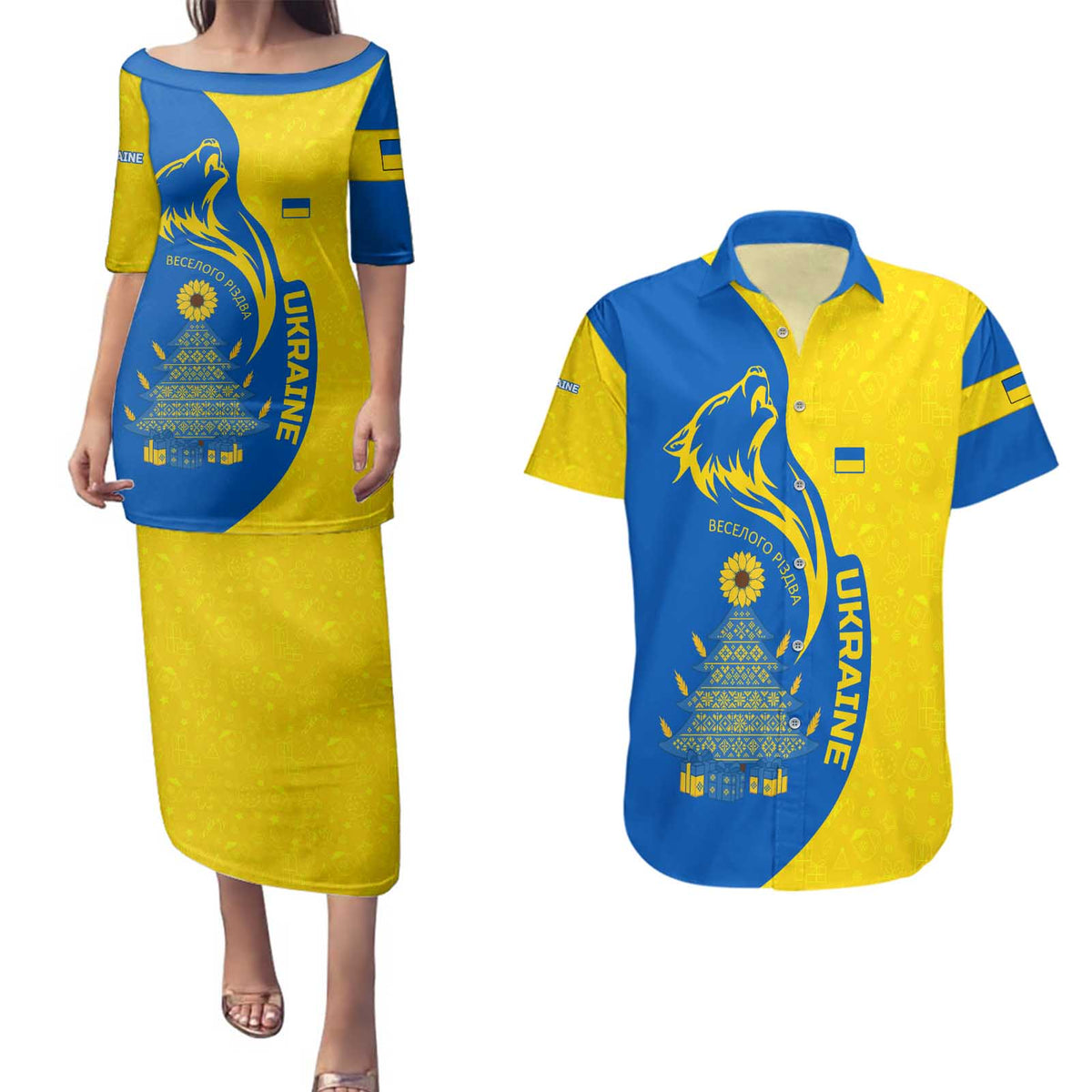 Ukraine Christmas Couples Matching Puletasi and Hawaiian Shirt with Howling Wolf Sunflower Tree and Traditional Ornament Design - Wonder Print Shop