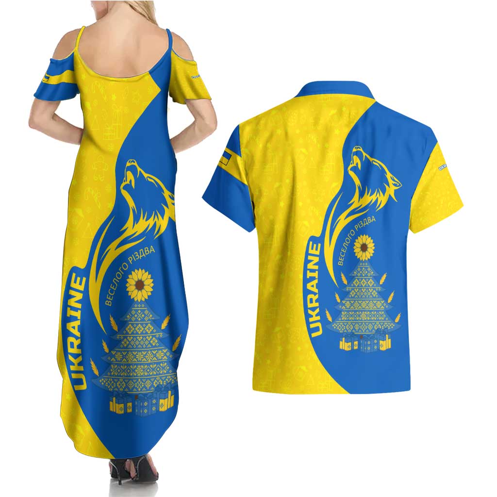 Ukraine Christmas Couples Matching Summer Maxi Dress and Hawaiian Shirt with Howling Wolf Sunflower Tree and Traditional Ornament Design - Wonder Print Shop