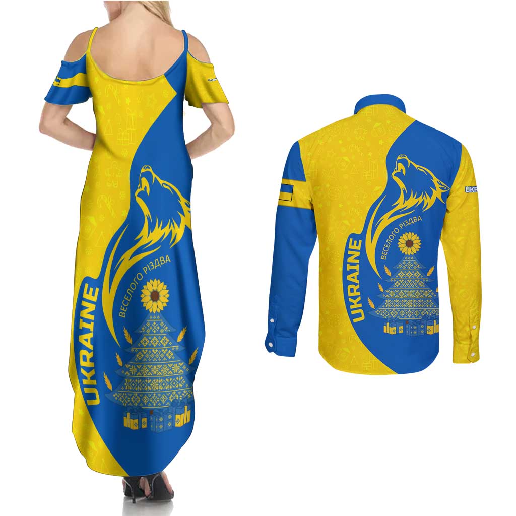 Ukraine Christmas Couples Matching Summer Maxi Dress and Long Sleeve Button Shirt with Howling Wolf Sunflower Tree and Traditional Ornament Design - Wonder Print Shop