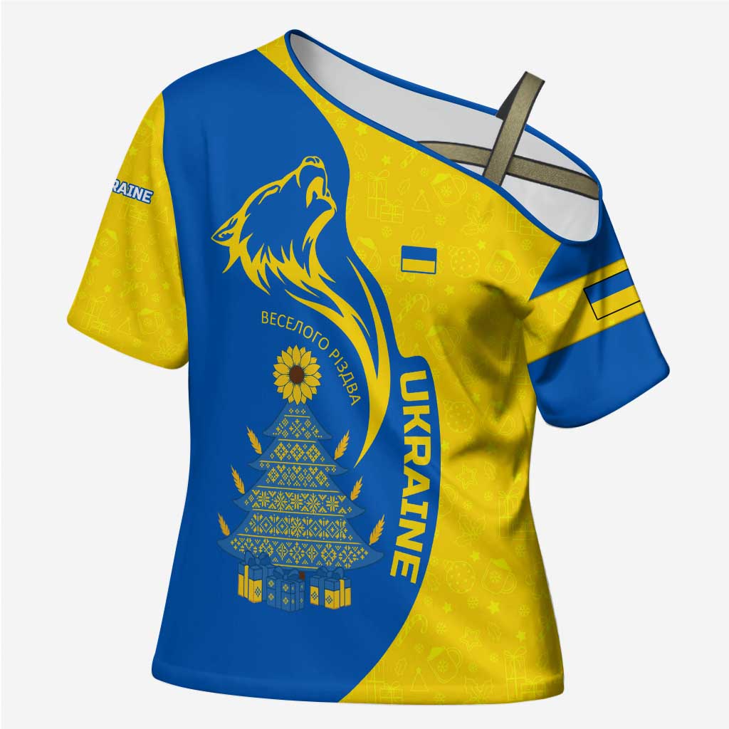 Ukraine Christmas Cross Shoulder Shirt with Howling Wolf Sunflower Tree and Traditional Ornament Design - Wonder Print Shop