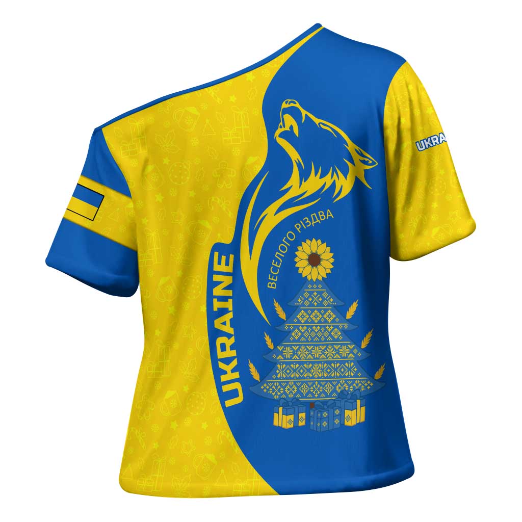 Ukraine Christmas Cross Shoulder Shirt with Howling Wolf Sunflower Tree and Traditional Ornament Design - Wonder Print Shop