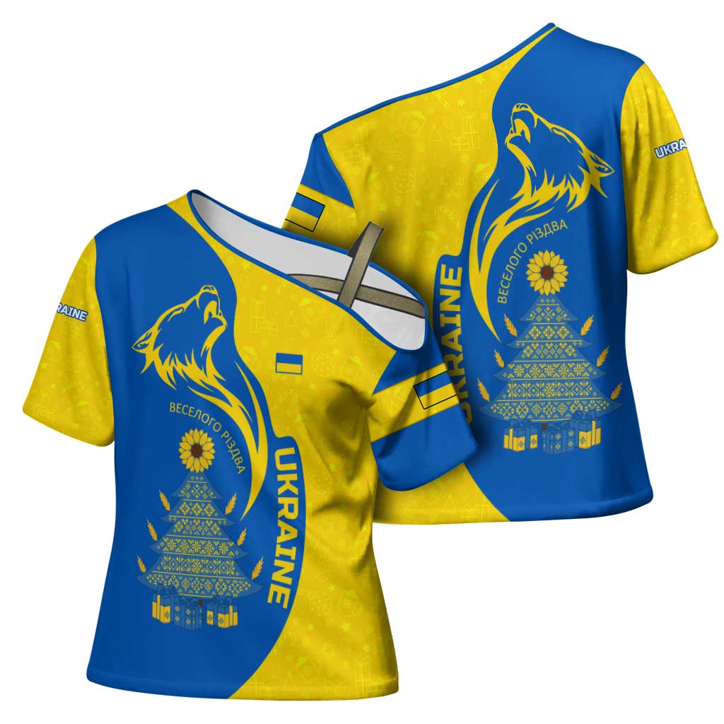 Ukraine Christmas Cross Shoulder Shirt with Howling Wolf Sunflower Tree and Traditional Ornament Design - Wonder Print Shop