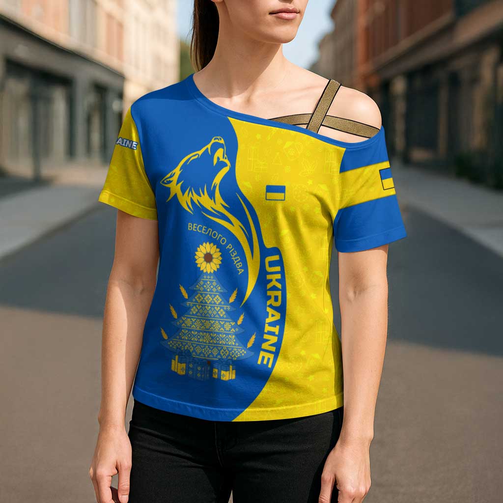 Ukraine Christmas Cross Shoulder Shirt with Howling Wolf Sunflower Tree and Traditional Ornament Design - Wonder Print Shop
